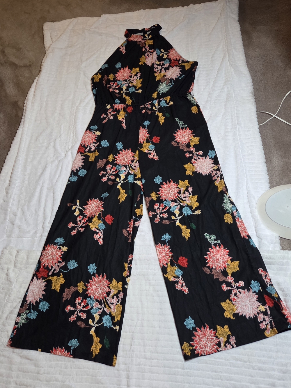 SHEIN Black Floral Halter Wide-Leg Jumpsuit with Pink & Yellow Blooms